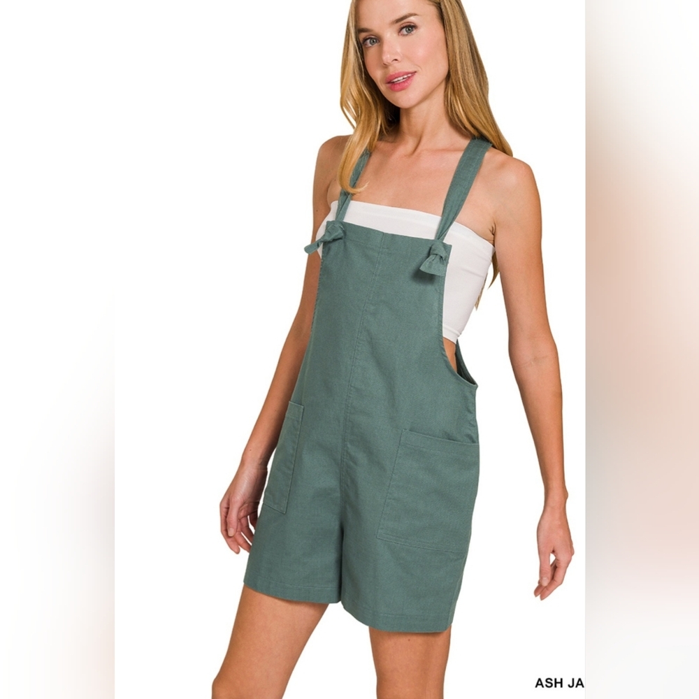 Z114 NWT Zenana Ash Jade Woven Adjustable Knot Strap Romper Pockets Sm Md Lg - Picture 2 of 8